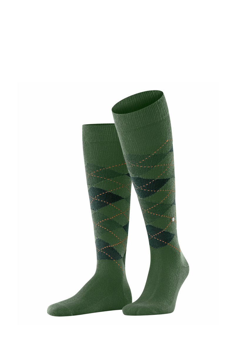 Calze verdi fino al ginocchio con una texture a coste, caratterizzate da un motivo a diamante in verde scuro e accenti arancioni.