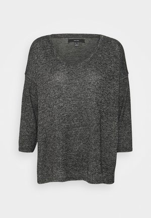 Dunkelgrauer Strickpullover mit V-Ausschnitt, überschnittenen Schultern und dreiviertellangen Ärmeln. Weicher Stoff mit lässig-lockerer Passform.