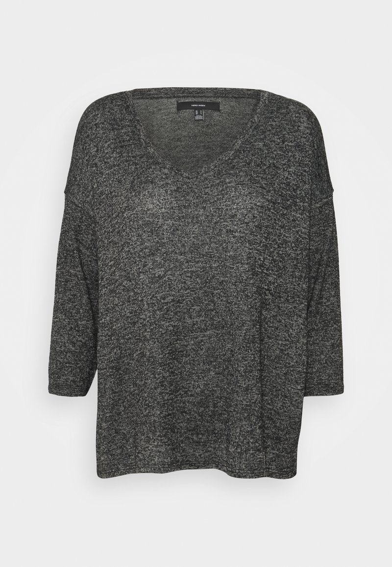 Maglione lavorato a maglia grigio scuro con scollo a V, spalle abbassate e maniche a tre quarti. Testura morbida con una vestibilità leggermente ampia.