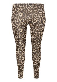 Leggings imprimés léopard avec un mélange de tan, marron et noir, fabriqués à partir d'un tissu lisse et extensible, conçus pour le confort.