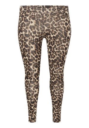 Leopard-Print Leggings aus einer Mischung aus Beige, Braun und Schwarz, hergestellt aus einem glatten, dehnbaren Stoff, der für Komfort sorgt.