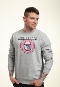 Felpa grigia con stampa di un personaggio pixelato in rosa e blu, con il testo "MINECRAFT" sopra e un design a forma di badge circolare.