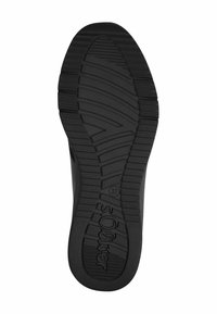 Soletta di scarpa in gomma nera con pattern testurizzato, inclusi linee curve e rette. Logo impresso sul lato. Taglia 37 indicata.