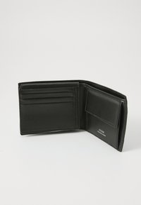 Black leather wallet with a bifold design, featuring multiple card slots and a coin pocket. Logo embossed inside. Smooth texture.