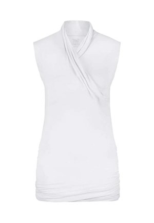 Weißes ärmelloses Oberteil mit drapiertem Ausschnitt und geraffter Seite. Gefertigt aus einem leichten Stoff, zeichnet es sich durch eine glatte Textur und eine figurbetonte Silhouette aus.