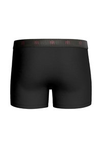 Black boxer shorts made of stretchy fabric with a soft, elastic waistband featuring a maroon logo pattern. Clean, modern design.