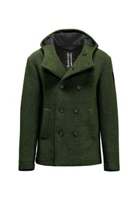 Groene wolmix jas met een dubbelbreasted ontwerp, grote kraag en twee voorzakken. Voorzien van zwarte knopen en een contrasterende binnenvoering.