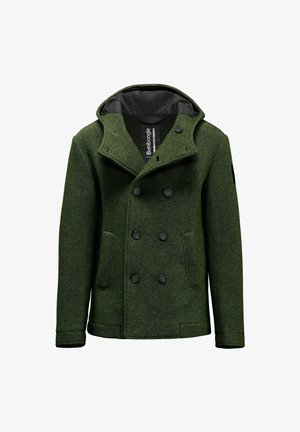 Grüner Wollmischmantel mit doppelreihigem Design, großem Kragen und zwei Vorderaschen. Ausgestattet mit schwarzen Knöpfen und einem kontrastierenden Innenfutter.