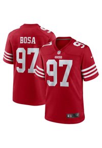Maillot NFL rouge avec des accents blancs. Le nom "BOSA" et le numéro "97" sont mis en avant au dos et sur le devant. Design en V, manches courtes, tissu léger.