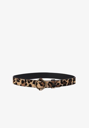 Pás s leopardím vzorem, zlatým kroužkem na sponě, černými koženými detaily a hladkým povrchem. Obsahuje možnost nastavení velikosti.