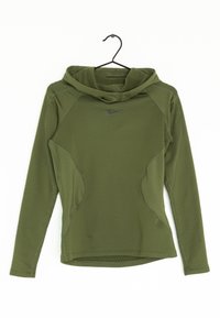 Grüner langärmeliger Sport-Hoodie mit strukturiertem Muster, Kapuze und kleinem schwarzem Nike-Logo auf der Brust. Maschinenwaschbar.