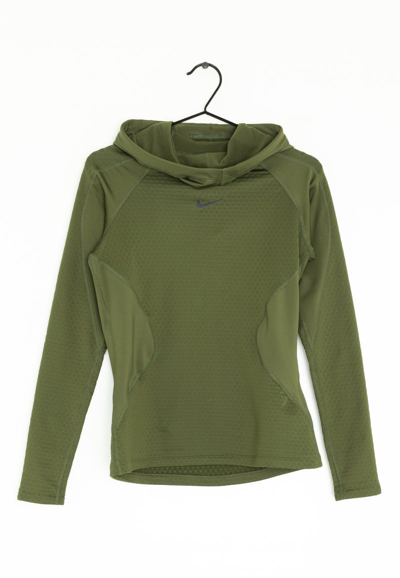 Grüner langärmeliger Sport-Hoodie mit strukturiertem Muster, Kapuze und kleinem schwarzem Nike-Logo auf der Brust. Maschinenwaschbar.