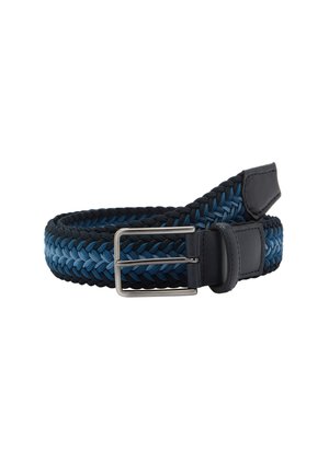 Braided belt in shades of blue with black leather ends and silver metal buckle, coiled against a white background.