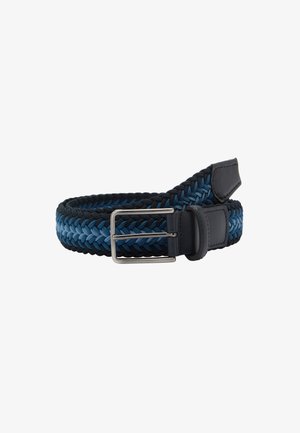 Braided belt in shades of blue with black leather ends and silver metal buckle, coiled against a white background.