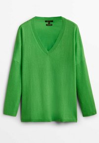 V-neck, long-sleeve sweater in bright green, made from a soft knit material with a relaxed fit and ribbed accents at the neckline.