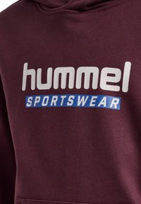 Bordeauxroter Kapuzenpullover mit "hummel" in Weiß und "SPORTSWEAR" in Blau auf der Vorderseite. Hergestellt aus weichem Stoff mit normaler Passform.