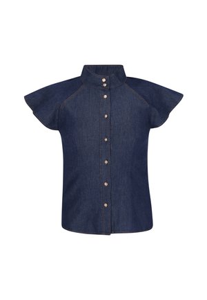 Dunkelblaue Denim-Bluse mit kurzen Ärmeln, hohem Kragen und vorderer Knopfleiste, mit leicht ausgestellten Ärmeln und sichtbaren Nähten.