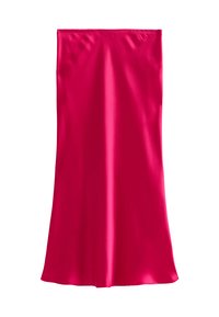 Fuchsia satijnen rok in een rechte snit, vloerlengte met een gladde, glanzende textuur en zonder zichtbare patronen of versieringen.