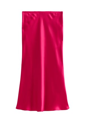 Jupe en satin fuchsia, de coupe droite, longue jusqu'au sol, avec une texture lisse et brillante, sans motifs ni embellissements visibles.