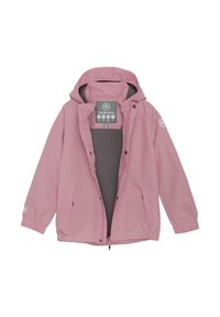 Ljusrosa vattentät jacka med huva, zip-stängning och justerbara snören. Har sidofickor och ett ventilerande foder. Logotyp på ärmen.