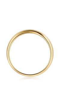 Aukso žiedas su lygia, suapvalinta forma ir blizgiu paviršiumi, pasižymintis nuolatiniu apvaliu pavidalu ir minimalistišku išvaizda.