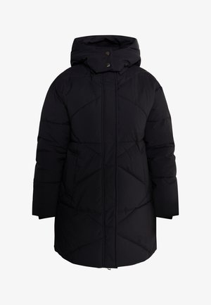 Schwarze Daunenjacke mit Kapuze, ausgestattet mit einem gesteppten Muster, Vordertaschen und Druckknöpfen. Mittellanges Design mit einer glatten Textur.