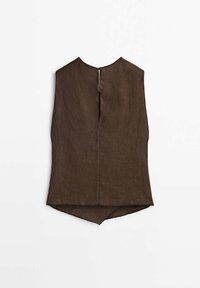 Top sans manches en lin marron avec un col montant, fermeture éclair au dos et un ourlet en biais. Tissu texturé avec une coupe décontractée.