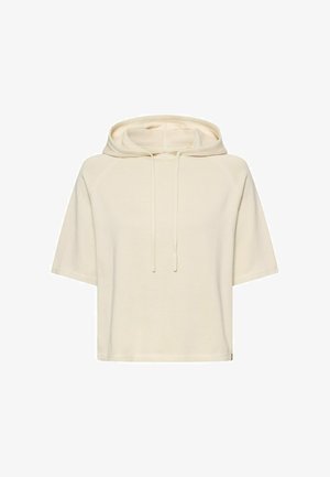 Kurzarm-Hoodie aus weichem, cremefarbenem Stoff. Verfügt über eine Kordelzug-Kapuze und Raglanärmel für eine lockere Passform.