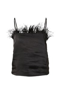 Schwarzes Satin-Camisole mit dünnen Trägern und einer Federverzierung am Ausschnitt, mit einer glatten Textur und lockerer Passform.