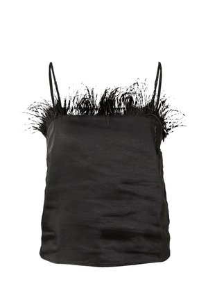 Black satin camisole with thin straps and a feather trim at the neckline, featuring a smooth texture and relaxed fit.