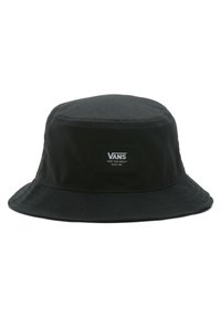 Black bucket hat made of fabric with a flat top and wide brim. Features a white patch with "VANS" branding on the front.
