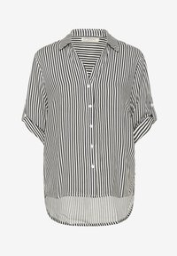 Button-up shirt featuring vertical black and white stripes, a collared neck, short sleeves, and a curved hem. Made of a lightweight fabric.