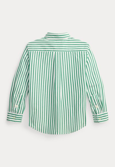 Žalios ir baltos spalvos dryžuota marškinėliai su apykakle, saguotais rankogaliais ir išlenktu apdailos kraštu. Pagaminta iš lengvos medžiagos su vertikaliomis dryžuotomis raštais.