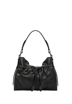 Schwarze Lederhandtasche mit gerafftem oberen Rand und verstellbarem Schulterriemen, mit Kordelzugverschluss und minimalistischem Design.