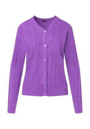 Purple cable-knit cardigan with long sleeves, V-neckline, and five matching buttons down the front; ribbed cuffs and hem.