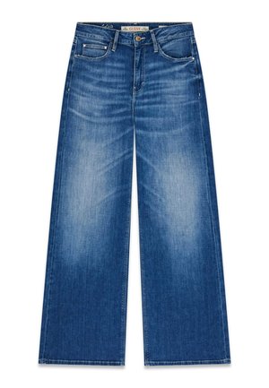 Jean en denim bleu à jambes larges avec des détails délavés, fermeture à boutons sur le devant et design à cinq poches de Guess, étalé à plat sur un fond blanc.
