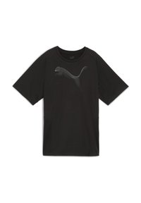 Černé tričko s krátkými raglánovými rukávy; na hrudi má šedé stylizované logo Puma. Vyrobeno z hladkého materiálu s volným střihem.