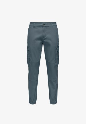 Cargo pants in slate gray. Made of soft material, featuring tapered legs, elastic cuffs, and side pockets for added functionality.