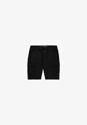 Juodi krovinių šortai, pagaminti iš lengvos medžiagos. Ypatybės apima elastingą juosmenį su virvute, dvi šonines kišenes ir dvi dideles krovinių kišenes.