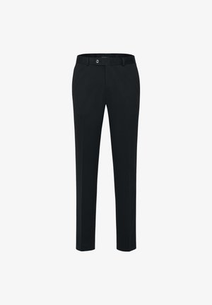 Black tailored trousers with a straight leg cut, featuring a button closure and belt loops. Smooth fabric with no visible patterns or accents.