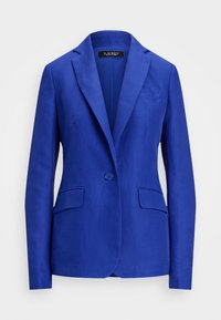 Blazer en lin bleu avec une fermeture à un bouton, deux poches avant et des revers crantés. Texture lisse avec une coupe ajustée.