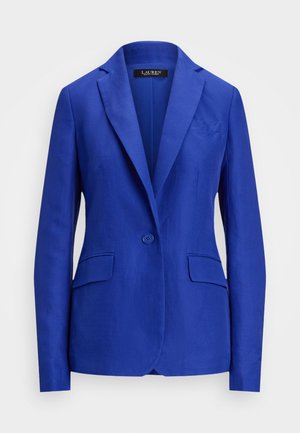 Blue linen blazer featuring a single button closure, two front pockets, and notched lapels. Smooth texture with a tailored fit.