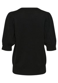Black knitted sweater with puffed sleeves, ribbed texture, round neckline, and fitted hem. Smooth fabric with minimal detailing.