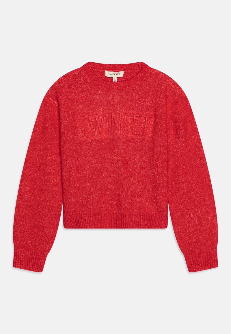 Pull en maille rouge à manches longues, col rond, poignets et ourlet côtelés, avec inscription en relief "TWINSET" sur le devant.