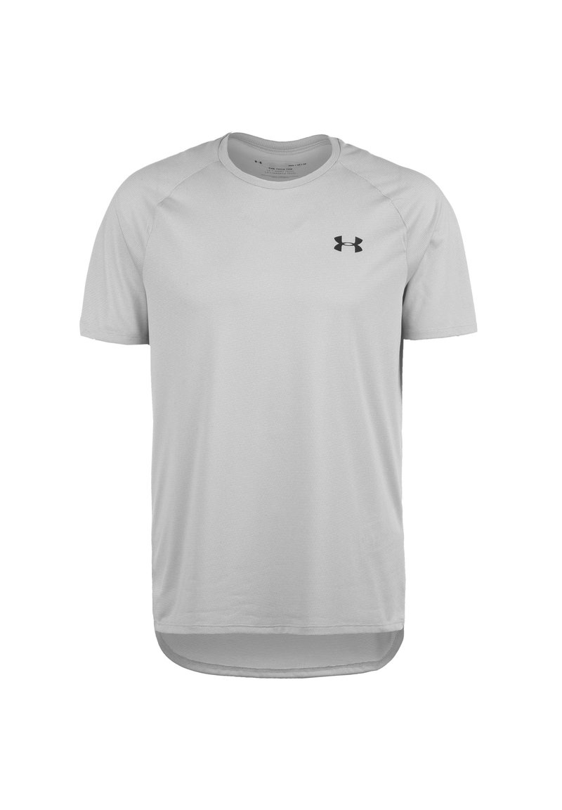 Harmaa lyhythihainen urheilupaita, jossa on pyöreä kaula-aukko, valmistettu kevyestä materiaalista, ja jossa on musta logo vasemmassa rinnassa.