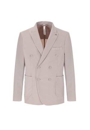 Blazer da uomo doppiopetto beige chiaro con revers a incavo, sei bottoni, due tasche applicate frontali e una tasca a filetto sul petto.