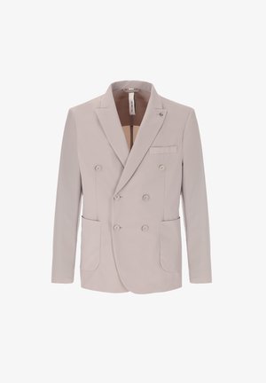 Blazer da uomo doppiopetto beige chiaro con revers a incavo, sei bottoni, due tasche applicate frontali e una tasca a filetto sul petto.