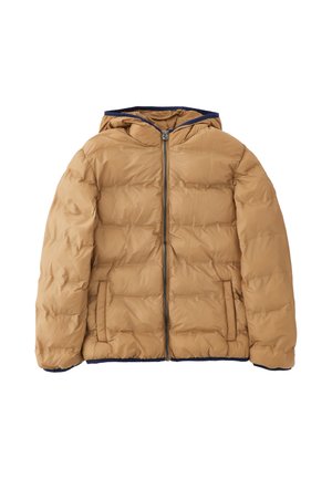 Chaqueta acolchada marrón claro con capucha, cremallera frontal y dos bolsillos laterales, mostrada plana sobre un fondo blanco.