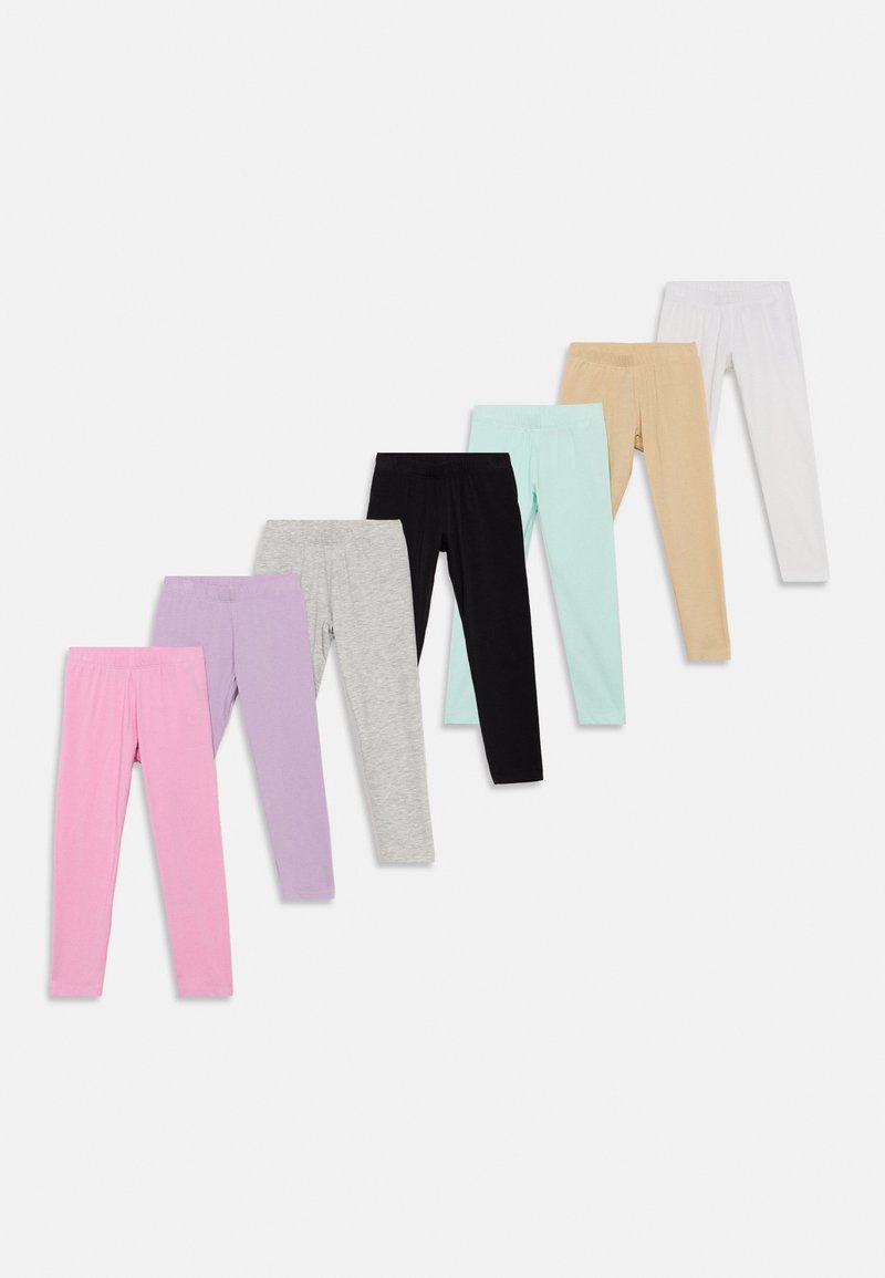 Acht Leggings-Paare in einer Reihe angeordnet. Die Farben umfassen Pink, Lavendel, Grau, Schwarz, Minze, Beige und Weiß. Weiches Material und figurbetontes Design.