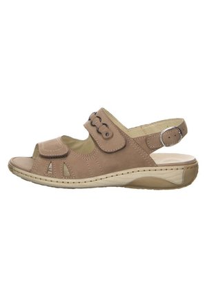 Sandale en daim brun avec bout ouvert, bride ajustable et design découpé. Présente une semelle légère avec des accents beige et des détails de couture.